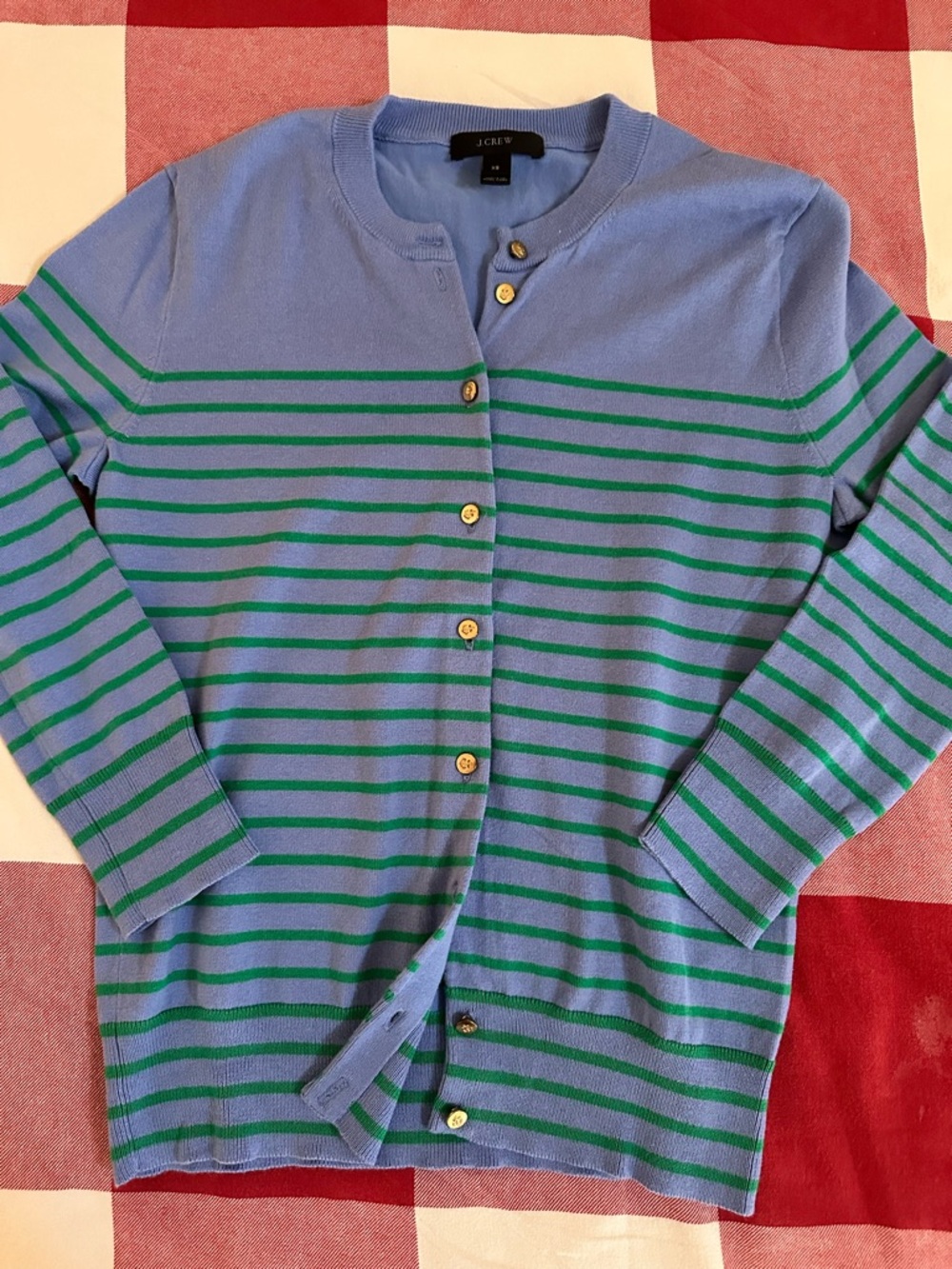 J. Crew Light Blue and Green Striped Button Cardigan, size XS